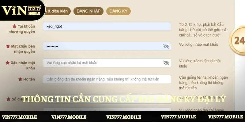 Thông tin cần cung cấp khi đăng ký đại lý tại Vin777